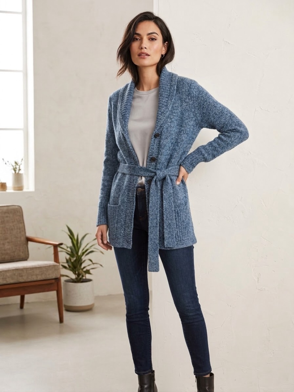 Pendleton Blue Button Cardigan with Tie